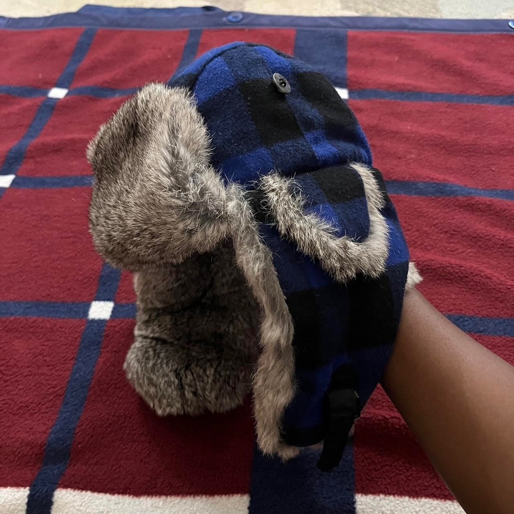 Mad Bomber Trapper Hat Blue Black Buffalo Plaid Wool Rabbit Fur Winter Cap Mens
